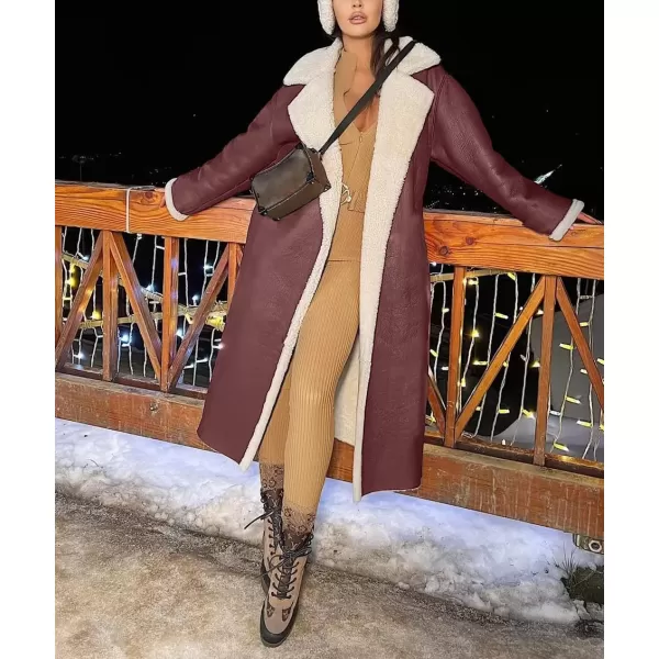 chouyatou Womens Winter Lapel Faux Suede Leather Jacket Double Breasted Sherpa Fleece Long Trench CoatWine Red