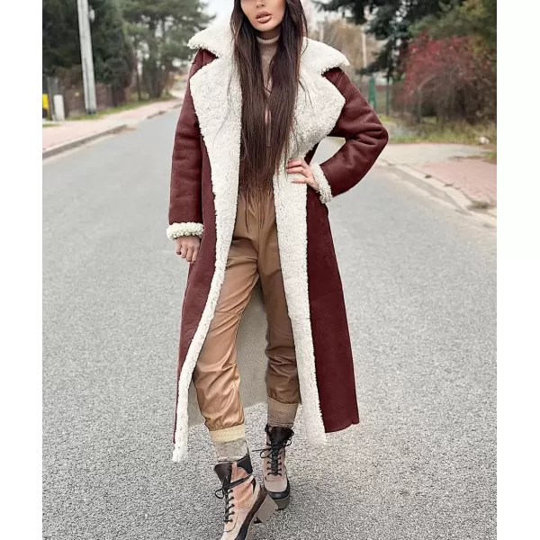 chouyatou Womens Winter Lapel Faux Suede Leather Jacket Double Breasted Sherpa Fleece Long Trench CoatWine Red