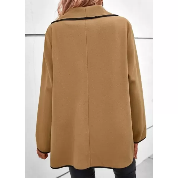 chouyatou Womens Winter Shawl Collar Wool Coat Open Front Wool Blend Pea Trench CoatKhaki