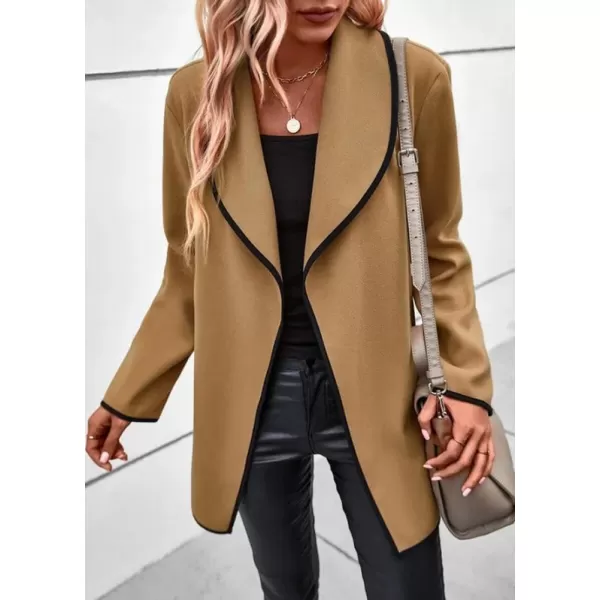 chouyatou Womens Winter Shawl Collar Wool Coat Open Front Wool Blend Pea Trench CoatKhaki