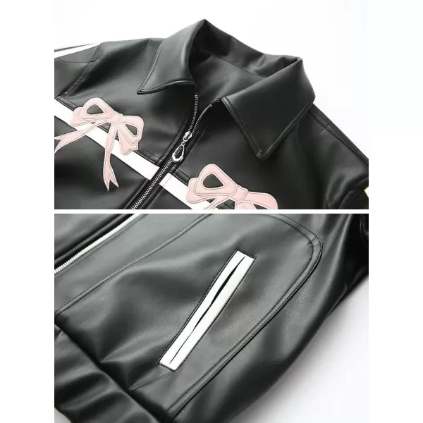 chouyatou Womens Y2K Bowknot Zip Up Faux Leather Jacket Contrast Striped Moto PU Leather Coat with PocketsPink
