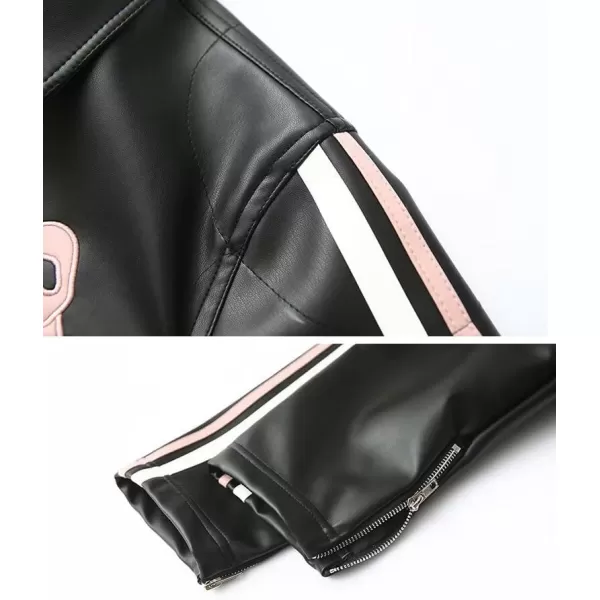 chouyatou Womens Y2K Bowknot Zip Up Faux Leather Jacket Contrast Striped Moto PU Leather Coat with PocketsPink