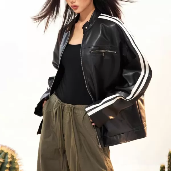 chouyatou Womens Y2k Moto PU Jacket Zip Up Bomber Jacket Stand Collar Faux Leather Jacket Coat with PocketsBlack