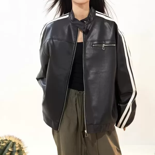 chouyatou Womens Y2k Moto PU Jacket Zip Up Bomber Jacket Stand Collar Faux Leather Jacket Coat with PocketsBlack