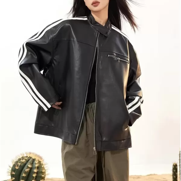 chouyatou Womens Y2k Moto PU Jacket Zip Up Bomber Jacket Stand Collar Faux Leather Jacket Coat with PocketsBlack