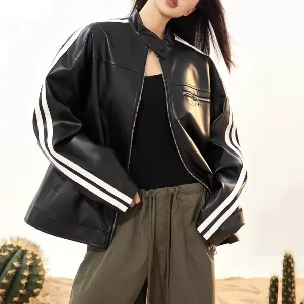 chouyatou Womens Y2k Moto PU Jacket Zip Up Bomber Jacket Stand Collar Faux Leather Jacket Coat with PocketsBlack