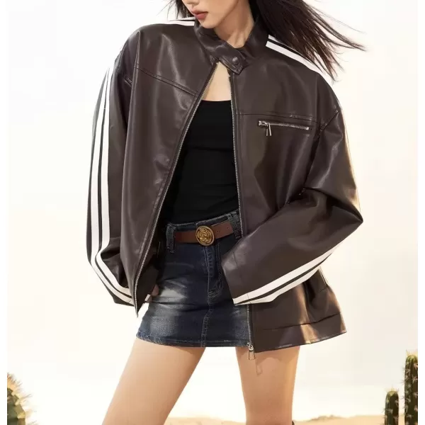 chouyatou Womens Y2k Moto PU Jacket Zip Up Bomber Jacket Stand Collar Faux Leather Jacket Coat with PocketsBrown