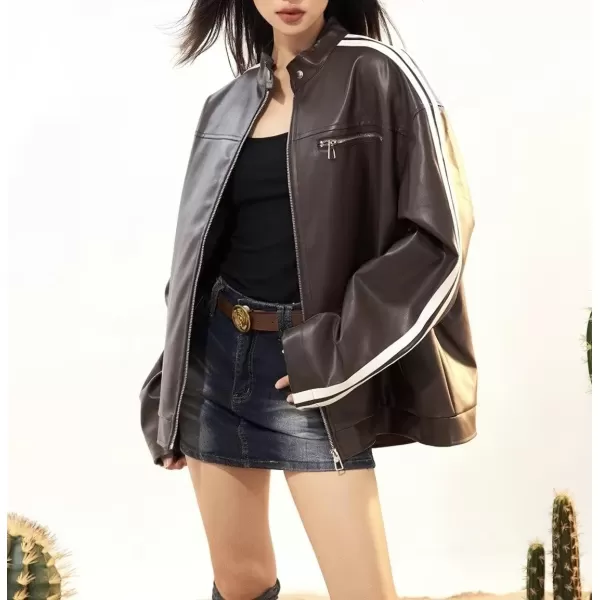 chouyatou Womens Y2k Moto PU Jacket Zip Up Bomber Jacket Stand Collar Faux Leather Jacket Coat with PocketsBrown