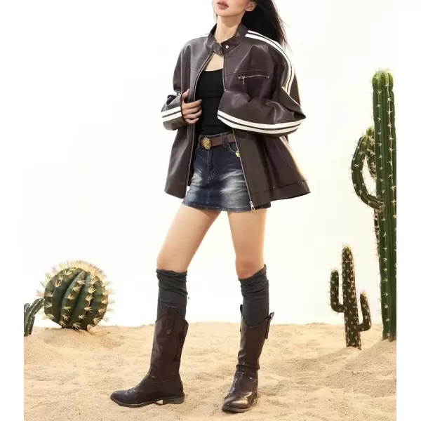 chouyatou Womens Y2k Moto PU Jacket Zip Up Bomber Jacket Stand Collar Faux Leather Jacket Coat with PocketsBrown