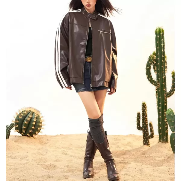 chouyatou Womens Y2k Moto PU Jacket Zip Up Bomber Jacket Stand Collar Faux Leather Jacket Coat with PocketsBrown