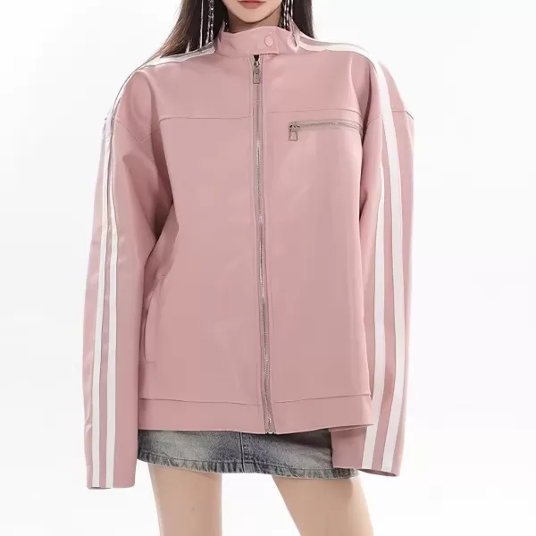 chouyatou Womens Y2k Moto PU Jacket Zip Up Bomber Jacket Stand Collar Faux Leather Jacket Coat with PocketsPink