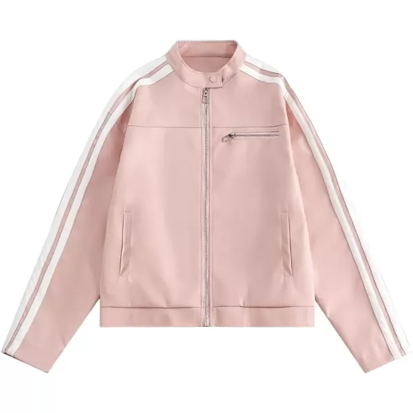 chouyatou Womens Y2k Moto PU Jacket Zip Up Bomber Jacket Stand Collar Faux Leather Jacket Coat with PocketsPink