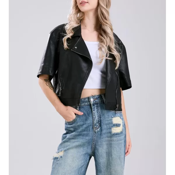 chouyatou Womens Zip Up Short Sleeve Faux Leather Jacket Motorcycle Crop PU Leather CoatBlack