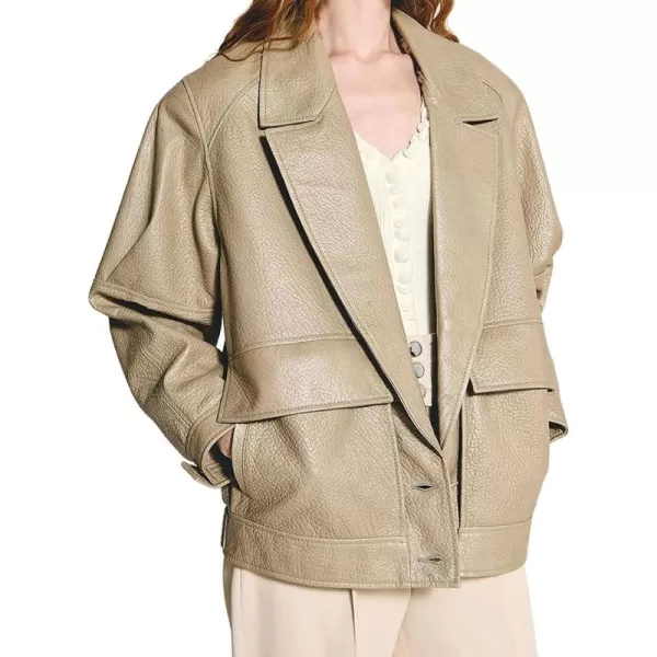 chouyatou Women Fall Notch Lapel Moto Faux Leather Jacket Oversized Boyfriend Leather Bomber Jacket BlazerKhaki