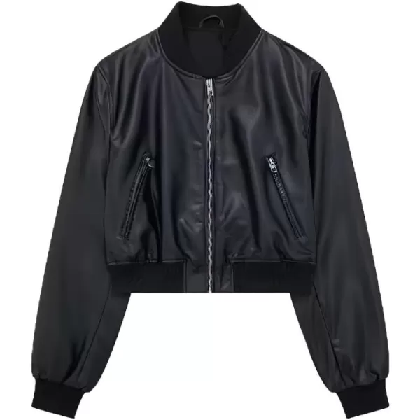 chouyatou Women Vintage PU Jacket Zip Up Bomber Jacket Faux Leather Cropped Short Jacket Coat with PocketBlack