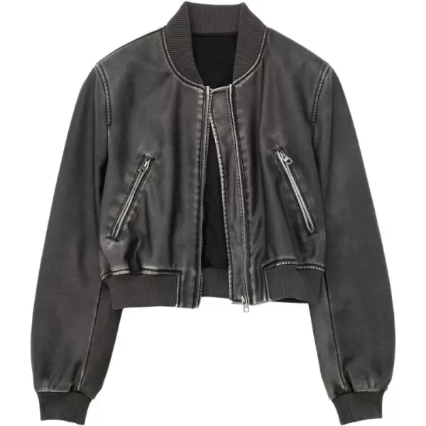 chouyatou Women Vintage PU Jacket Zip Up Bomber Jacket Faux Leather Cropped Short Jacket Coat with PocketCoffee