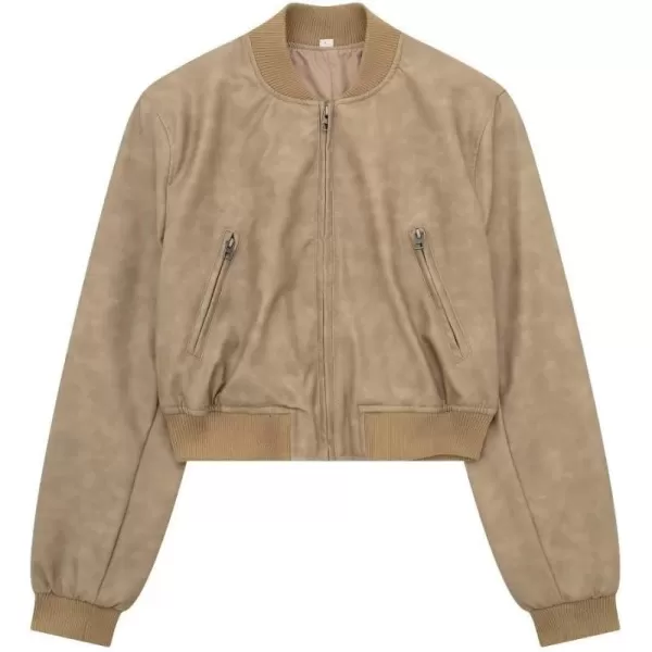 chouyatou Women Vintage PU Jacket Zip Up Bomber Jacket Faux Leather Cropped Short Jacket Coat with PocketKhaki