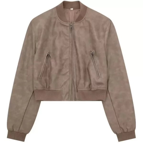 chouyatou Women Vintage PU Jacket Zip Up Bomber Jacket Faux Leather Cropped Short Jacket Coat with PocketLight Brown