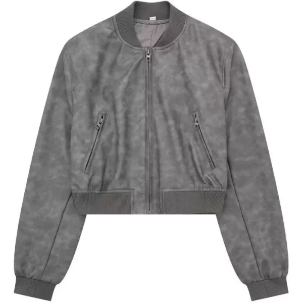 chouyatou Women Vintage PU Jacket Zip Up Bomber Jacket Faux Leather Cropped Short Jacket Coat with PocketLight Grey