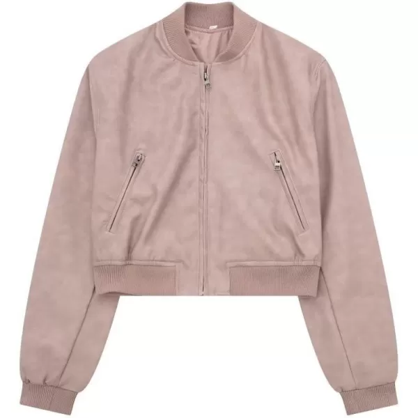 chouyatou Women Vintage PU Jacket Zip Up Bomber Jacket Faux Leather Cropped Short Jacket Coat with PocketPink