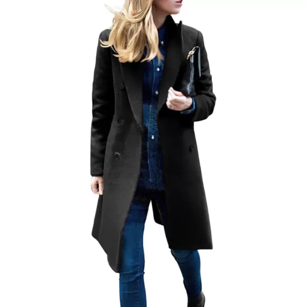 chouyatou Womens Basic Designed Notch Lapel Double Breasted MidLong Wool Pea CoatBlack