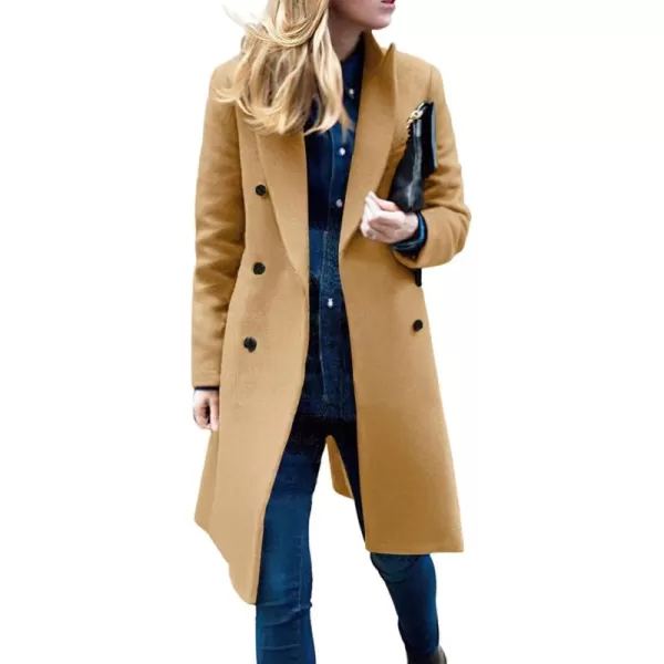 chouyatou Womens Basic Designed Notch Lapel Double Breasted MidLong Wool Pea CoatCamel