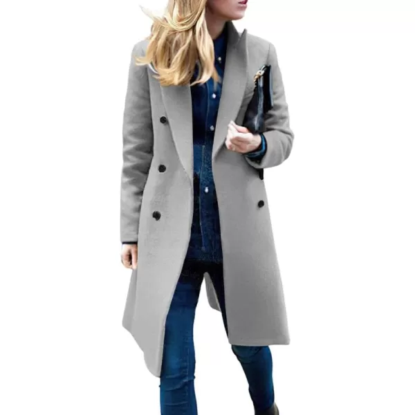 chouyatou Womens Basic Designed Notch Lapel Double Breasted MidLong Wool Pea CoatGrey