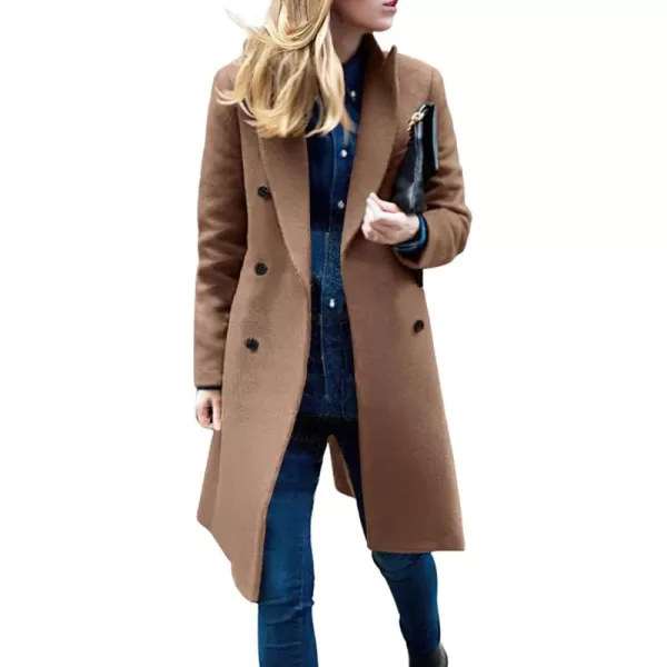 chouyatou Womens Basic Designed Notch Lapel Double Breasted MidLong Wool Pea CoatKhaki
