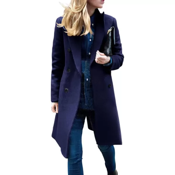 chouyatou Womens Basic Designed Notch Lapel Double Breasted MidLong Wool Pea CoatNavy Blue