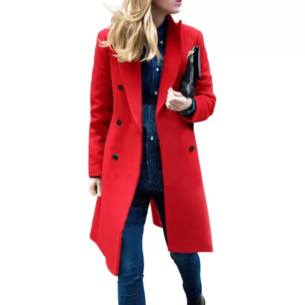 chouyatou Womens Basic Designed Notch Lapel Double Breasted MidLong Wool Pea CoatRed