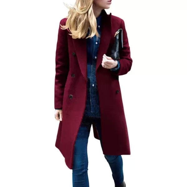 chouyatou Womens Basic Designed Notch Lapel Double Breasted MidLong Wool Pea CoatWine Red