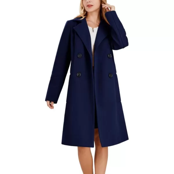 chouyatou Womens Basic Essential Double Breasted MidLong Wool Blend Pea CoatNavy Blue
