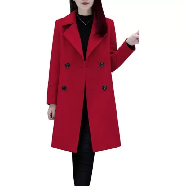 chouyatou Womens Basic Essential Double Breasted MidLong Wool Blend Pea CoatRed