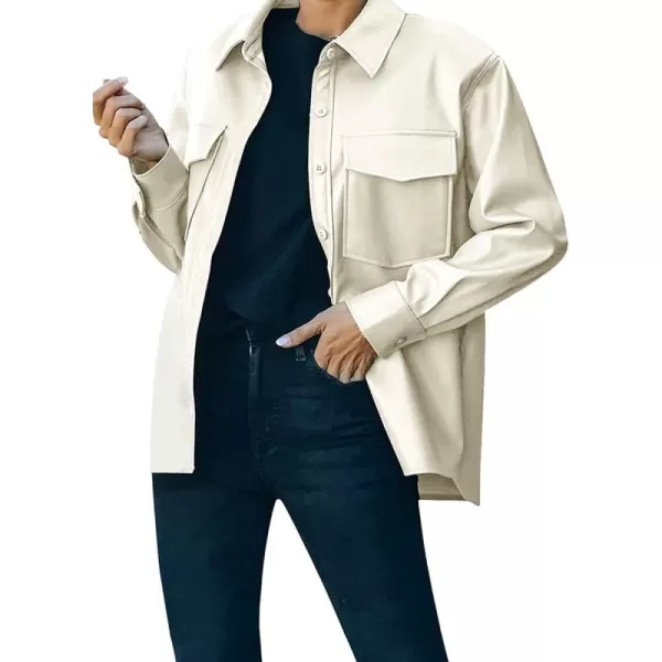 chouyatou Womens Boyfriend Button Down Pu Faux Leather Moto Biker Shirt Jacket ShacketsApricot