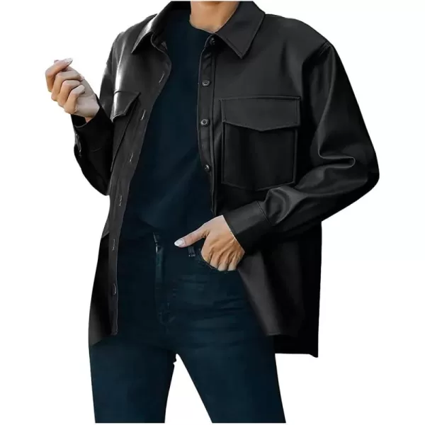 chouyatou Womens Boyfriend Button Down Pu Faux Leather Moto Biker Shirt Jacket ShacketsBlack