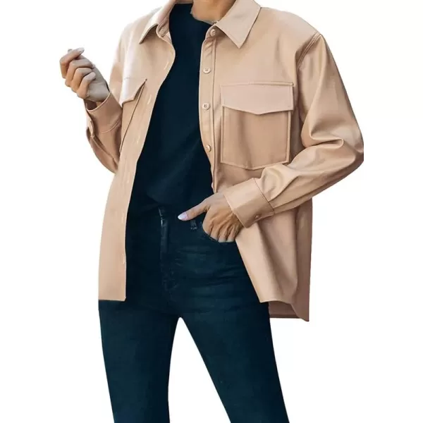 chouyatou Womens Boyfriend Button Down Pu Faux Leather Moto Biker Shirt Jacket ShacketsKhaki