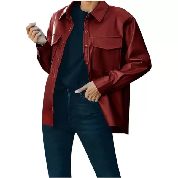 chouyatou Womens Boyfriend Button Down Pu Faux Leather Moto Biker Shirt Jacket ShacketsWine Red