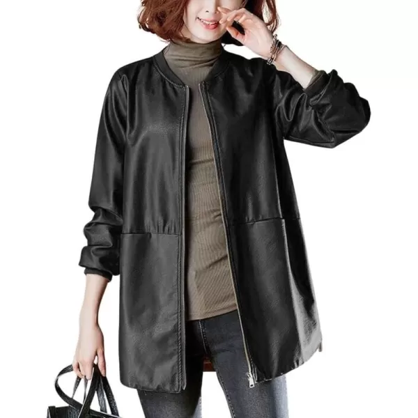 chouyatou Womens Casual Band Collar Zip Up Large Pocket Pu Faux Leather Jacket CoatBlack