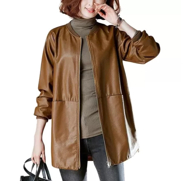 chouyatou Womens Casual Band Collar Zip Up Large Pocket Pu Faux Leather Jacket CoatBrown