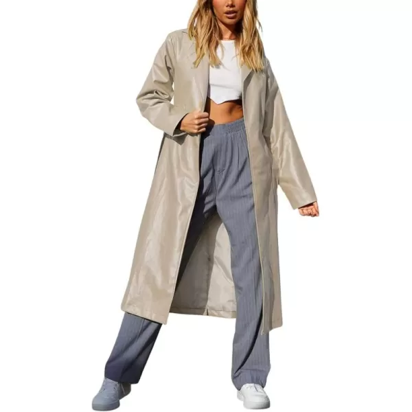 chouyatou Womens Casual Lapel Open Front Pu Faux Leather Long Trench Coat with BeltApricot
