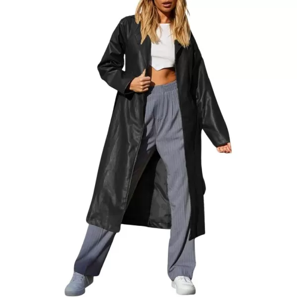 chouyatou Womens Casual Lapel Open Front Pu Faux Leather Long Trench Coat with BeltBlack