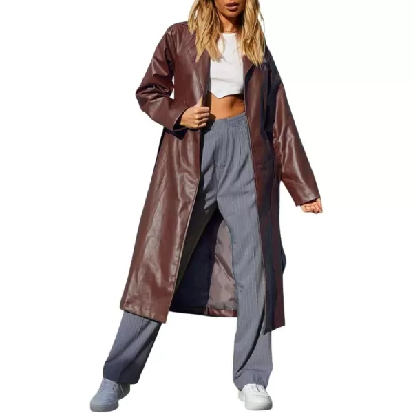 chouyatou Womens Casual Lapel Open Front Pu Faux Leather Long Trench Coat with BeltBrown