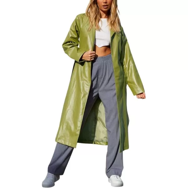 chouyatou Womens Casual Lapel Open Front Pu Faux Leather Long Trench Coat with BeltGreen