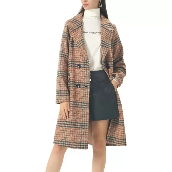 chouyatou Womens Classic Notched Collar Double Breasted Plaid Wool Blend Long Trench CoatPlaidbrown