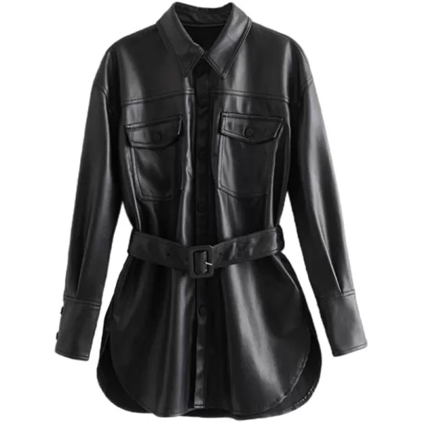 chouyatou Womens Cool Elegant MidLength Belted Faux Leather Shirt Jacket ShacketBlack