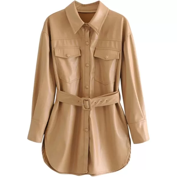 chouyatou Womens Cool Elegant MidLength Belted Faux Leather Shirt Jacket ShacketKhaki
