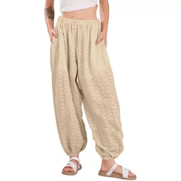 chouyatou Womens Eyelet Washed Lounge Pants Lace Embroidery High Elastic Waist Palazzo Pants with PocketsEarthy Khaki