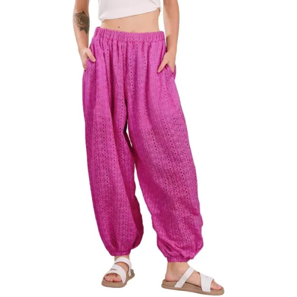 chouyatou Womens Eyelet Washed Lounge Pants Lace Embroidery High Elastic Waist Palazzo Pants with PocketsGrape Purple