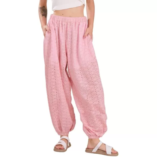 chouyatou Womens Eyelet Washed Lounge Pants Lace Embroidery High Elastic Waist Palazzo Pants with PocketsPlausible Pink
