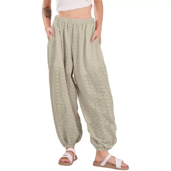 chouyatou Womens Eyelet Washed Lounge Pants Lace Embroidery High Elastic Waist Palazzo Pants with PocketsSage Green